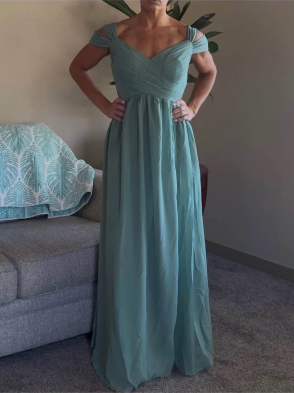 Elegant Sage Green Off-Shoulder Maxi Dress - size 16
